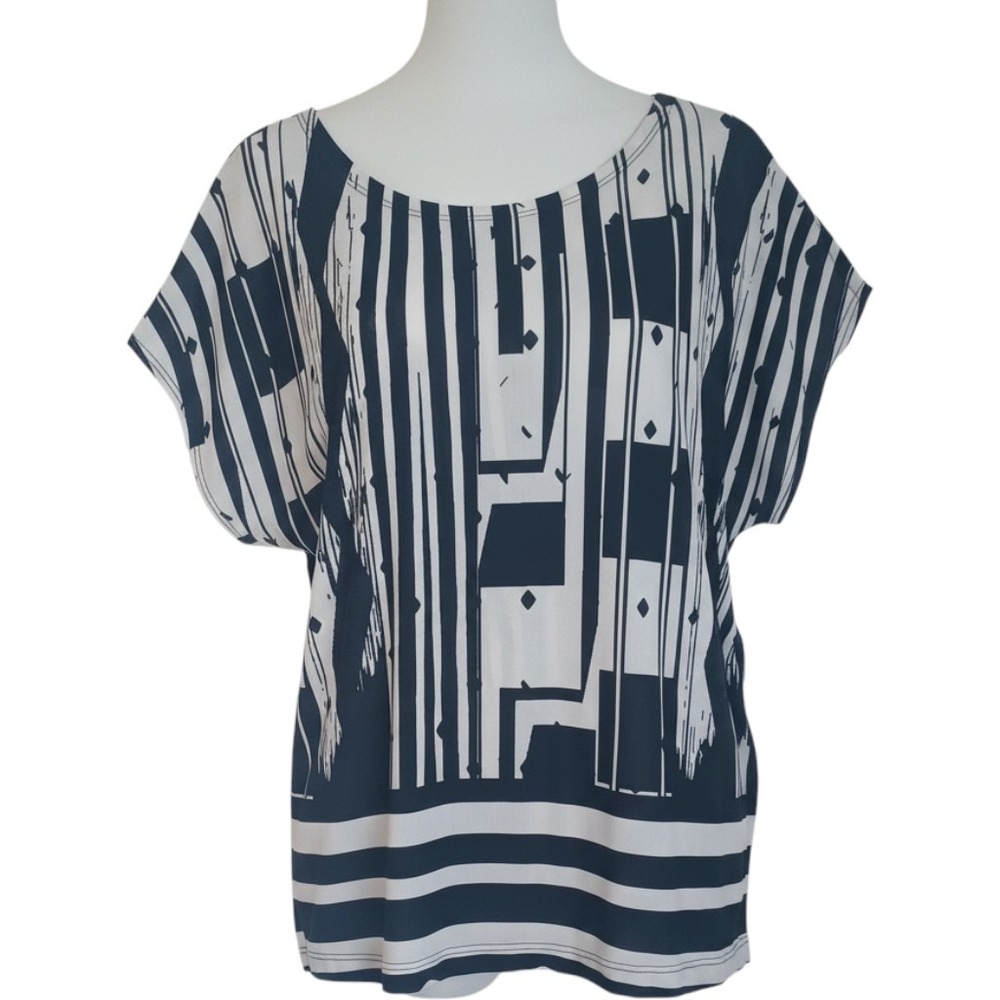 Clara Sunwoo Womens Black White Geometric Abstract Print Mesh Top Size M USA